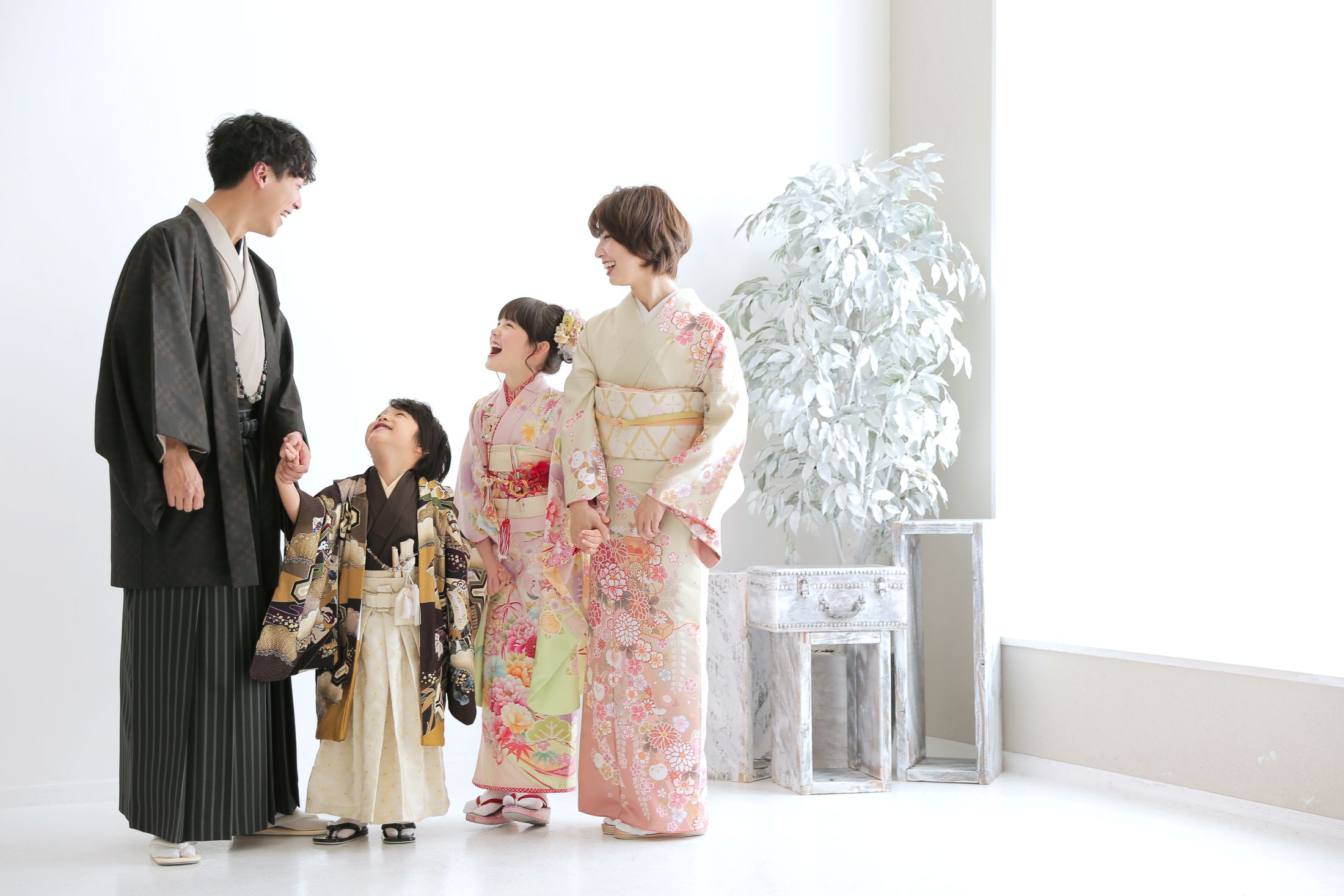 着物を着た7歳の女の子と5歳の男の子。パパママも一緒に着物で撮影している家族の写真。イオンモール堺鉄砲町での七五三のスタジオ撮影。店舗住所：大阪府堺市堺区鉄砲町1 イオンモール堺鉄砲町 2F