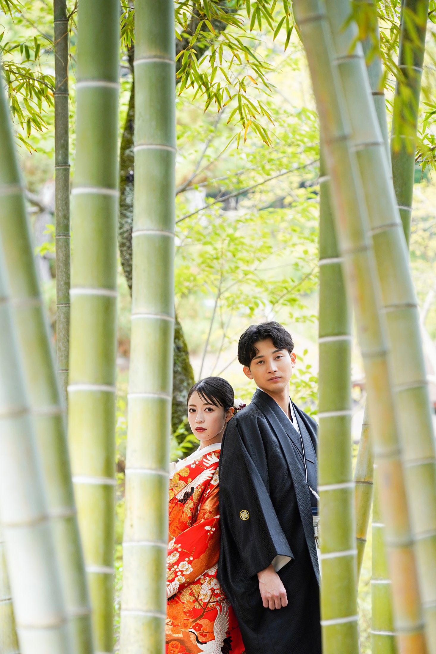 三渓園の日本庭園で和装を着て結婚式の前撮りをする新郎様と新婦様。竹林でも撮れることで人気のロケーション。撮影：STUDIOARC