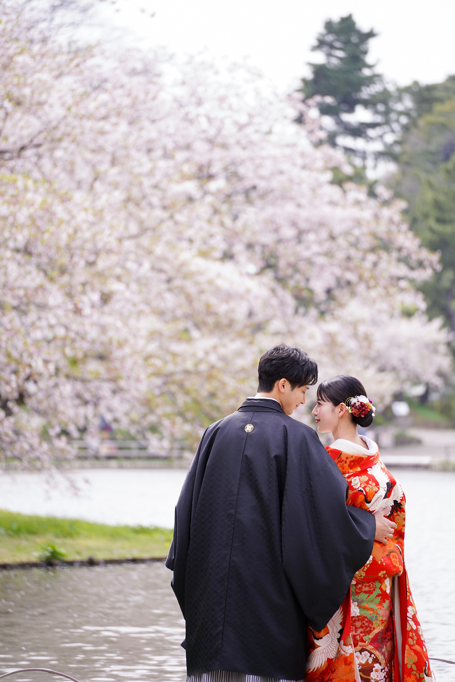 三渓園の日本庭園で和装を着て結婚式の前撮りをする新郎様と新婦様。季節の花と共に四季を感じながらウェディングフォトの撮影が出来る人気のロケーション。撮影：STUDIOARC