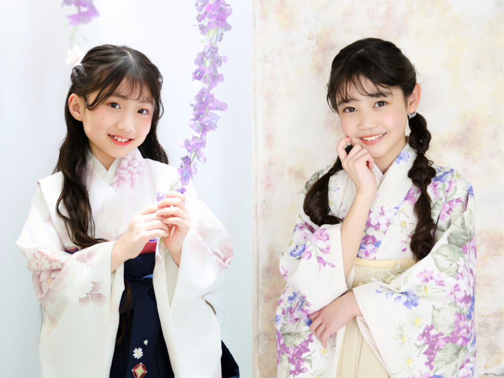 袴を着た二人の女の子が並んで撮影した着物姿の写真