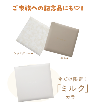 二面台紙のプレゼントのカラー一覧。「エンボスグレー」「モカ」「限定色」全3種