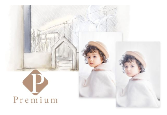 STUDIO ARC PREMIUMの店舗スケッチとロゴ、帽子をかぶった子供のポートレート写真