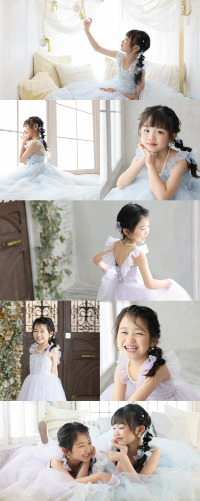 ドレスを着た2人の女の子の記念写真ギャラリー。ライトブルーとパープルのドレスでの個別カットや仲良く見つめ合う2ショット。