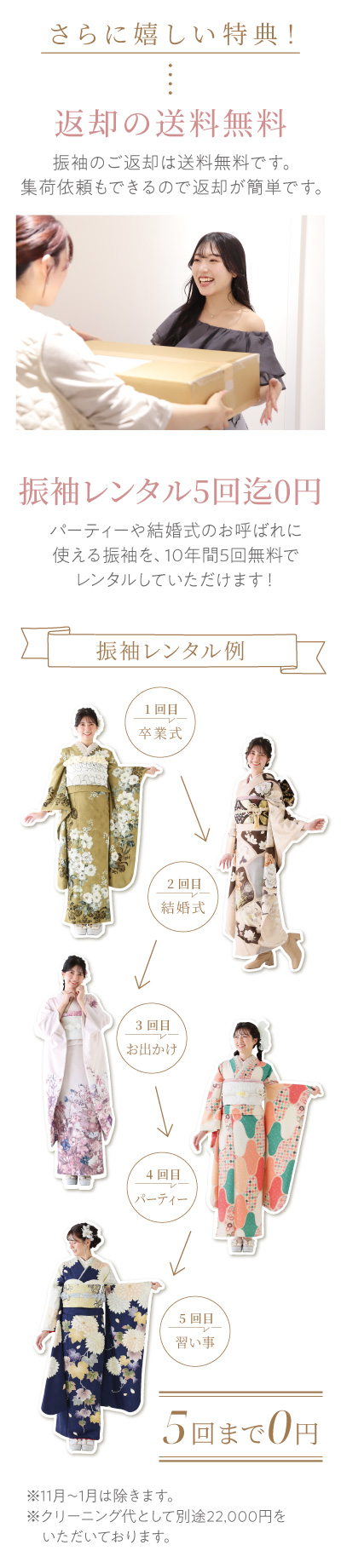 FURISODE ARCの振袖レンタル特典。振袖返却時の送料無料サービスと、10年間で5回まで振袖を無料レンタルできる特典を紹介。卒業式や結婚式、お出かけ、パーティー、習い事などの振袖着用例を掲載