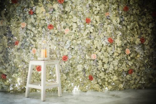 STUDIO ARC枚方店の花壁を背景にした撮影スペース。赤やピンクのバラをあしらった一面のフラワーウォールの前に、白い木製スツールと、キャンドルを入れた鳥かご風のランタンが置かれている